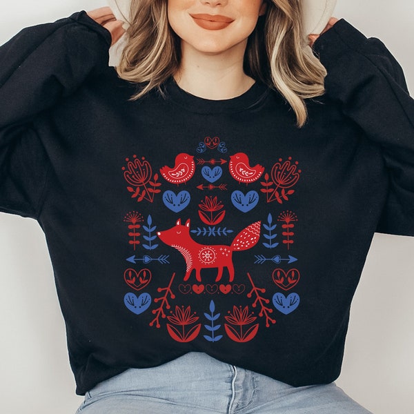 Sweat-shirt de Noël scandinave, chemise en renard forestier, pull art folklorique norvégien, col rond d'hiver nordique