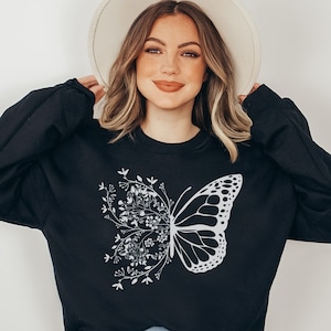 Floral Butterfly Sweatshirt, Nature Animal Lover Sweater, Self Love Minimalist Aesthetic Gift