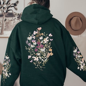 Cottagecore Pressed Flower Hoodie, Fairycore Floral Sweater, Garden Lover Wildflower Hooded Sweatshirt, Sleeve Print Sweatshirt