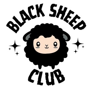 May include: Black and white illustration of a black sheep with the text "Black Sheep Club" around it.