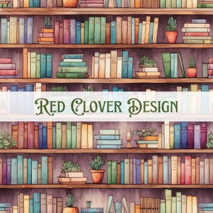 May include: A watercolor illustration of a bookshelf filled with books of various colors and sizes. The shelves also hold potted plants and a candle. The text "Red Clover Design" is displayed across the center of the image.