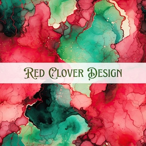 May include: Abstract art print featuring a swirling pattern of red, green, and black paint. The print has a white banner across the middle with the text "Red Clover Design".