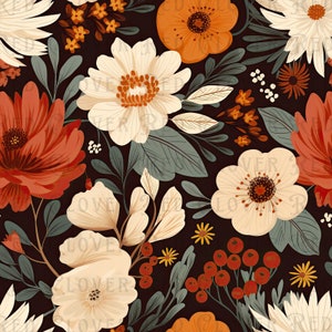 May include: A seamless pattern featuring a variety of flowers in shades of orange, red, white, and cream. The flowers are arranged in a repeating pattern on a dark brown background.