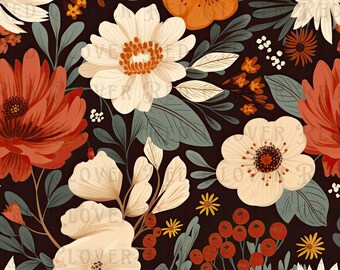 May include: A seamless pattern featuring a variety of flowers in shades of orange, red, white, and cream. The flowers are arranged in a repeating pattern on a dark brown background.