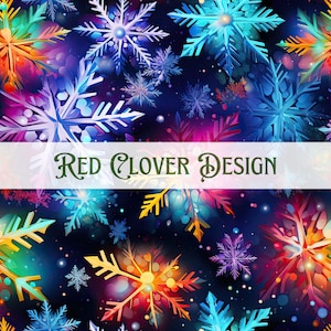 May include: A seamless pattern featuring colorful snowflakes on a dark blue background. The snowflakes are in various shades of blue, red, yellow, and purple. The text "Red Clover Design" is displayed in the center of the image.