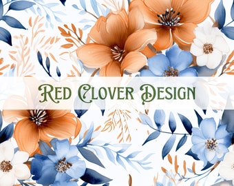 Blue and Rust Floral Seamless Pattern, floral seamless pattern, orange seamless, pattern for fabric, digital pattern, sublimation, autumn