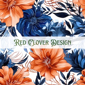 May include: A seamless pattern featuring red and blue flowers with green leaves. The pattern is on a white background. The text "Red Clover Design" is written in green letters across the middle of the image.