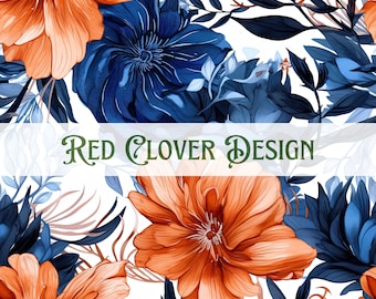 Blue and Rust Floral Seamless Pattern, floral seamless pattern, orange seamless, pattern for fabric, digital pattern, sublimation, autumn