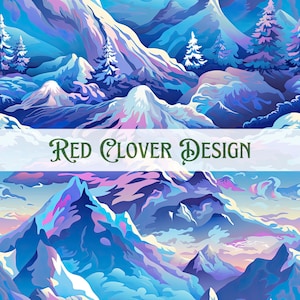 May include: A colourful illustration of a mountain range in shades of blue, purple, and white. The image features snow-capped peaks, stylized trees, and the text "Red Clover Design" in green script across the centre.