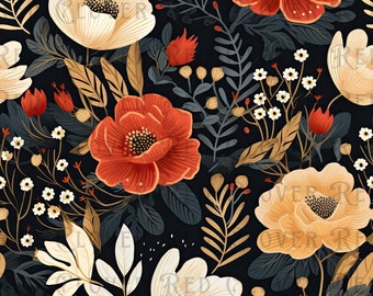 May include: A seamless pattern featuring white, cream, and red flowers on a black background. The flowers are stylized and have a vintage feel. The pattern is perfect for fabric, wallpaper, or other decorative projects.
