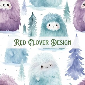 May include: A seamless pattern featuring blue and purple fuzzy creatures with smiling faces, surrounded by blue and green watercolor trees. The text "Red Clover Design" is in the center of the image.