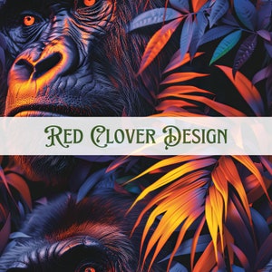 May include: A close-up of a gorilla's face with a dark, textured fur. The gorilla's eyes are bright orange and the background is a vibrant mix of orange, blue, and green tropical leaves. The text "Red Clover Design" is displayed across the image.