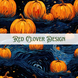 May include: A seamless pattern featuring orange pumpkins on a blue background with swirling lines, reminiscent of a famous painting. The text "Red Clover Design" is displayed in the center of the image.