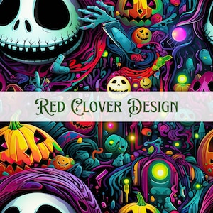 Könnte beinhalten: Ein farbenfrohes, psychedelisches Muster mit einer Cartoon-Figur mit einem breiten Grinsen, Kürbissen und anderen Halloween-Motiven. Der Text "RED CLOVER DESIGN" ist in der Mitte des Bildes zu sehen.