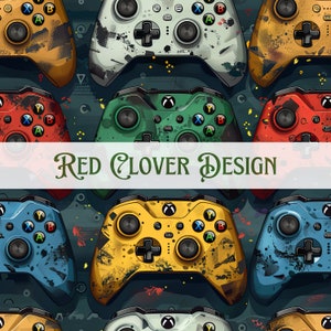 May include: A seamless pattern featuring multiple colorful video game controllers with different paint splatters and designs. The controllers are arranged in a repeating pattern, creating a dynamic and visually appealing design.