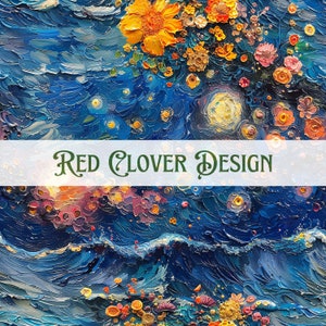 May include: A blue and green abstract painting with a textured, brushstroke style. The painting features a variety of flowers in shades of red, orange, yellow, and pink. The text "Red Clover Design" is written in green letters across the middle of the painting.