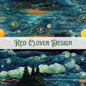 May include: A digital painting in the style of Vincent van Gogh, depicting a starry night sky with swirling clouds and a small house with trees in the foreground. The text "Red Clover Design" is displayed across the middle of the image.