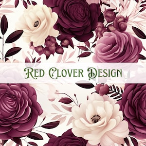 May include: A seamless pattern featuring burgundy and blush pink roses, leaves, and stems on a white background. The text "RED CLOVER DESIGN" is centred in the middle of the image.