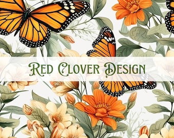May include: A seamless pattern featuring orange and yellow flowers, green leaves, and monarch butterflies. The text "Red Clover Design" is displayed in the centre of the image.