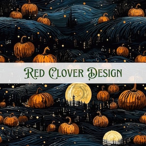 May include: A seamless pattern featuring a dark blue background with a full moon and a silhouette of a city skyline. The pattern is filled with orange pumpkins of various sizes, creating a festive Halloween theme.