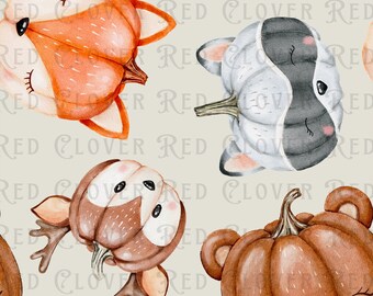 Woodland animal pumpkins Seamless Pattern, bear seamless pattern, raccoon, fawn, fox, pattern for fabric, digital pattern, sublimation, baby