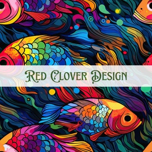 May include: A colorful seamless pattern featuring stylized fish with scales in shades of blue, red, yellow, and green. The fish are swimming in a swirling pattern against a dark blue background. The text "Red Clover Design" is displayed in the center of the image.