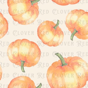May include: A seamless pattern featuring watercolor illustrations of orange pumpkins on a cream background. The pumpkins are painted in a realistic style with subtle variations in color and texture.