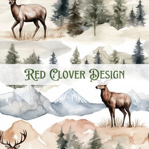 Puede incluir: Ilustración de acuarela de una escena de bosque con montañas, árboles y ciervos. El texto "Red Clover Design" está en el centro de la imagen.