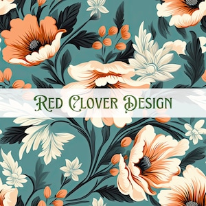 May include: A seamless pattern featuring red and white flowers with green leaves on a teal background. The text "Red Clover Design" is displayed in the center of the image.