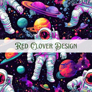 May include: A seamless pattern featuring astronauts floating in space with planets and stars. The astronauts are wearing white spacesuits with colorful accents. The planets are various colors and sizes, including red, orange, blue, and green. The background is a dark blue with white stars.