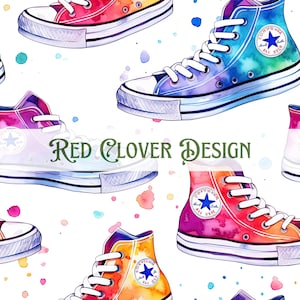 May include: Watercolor illustration of colorful sneakers with a white background and colorful paint splatters. The sneakers have a star logo and the text "Converse All Star" on the side.