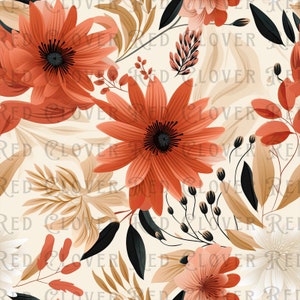 May include: A seamless pattern featuring orange and red flowers with dark green leaves on a cream background.