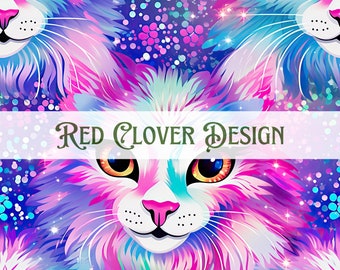 May include: Three colorful, stylized cats with pink, blue, and purple fur. The cats have bright blue, yellow, and green eyes. The background is a sparkly, iridescent pattern with pink, blue, and purple colors. The text "RED CLOVER DESIGN" is in the center of the image.