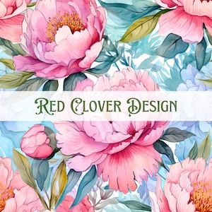 May include: A seamless pattern featuring pink watercolor flowers with green leaves on a white background. The text "RED CLOVER DESIGN" is written in green across the middle of the image.