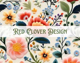 Embroidery Style Floral Seamless Pattern, floral seamless pattern, autumn seamless, pattern for fabric, digital pattern, sublimation, fall