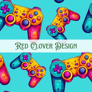 May include: A seamless pattern featuring colorful video game controllers on a turquoise background. The controllers are yellow, blue, pink, and green with a variety of buttons and a digital display. The text "RED CLOVER DESIGN" is centered in the middle of the pattern.