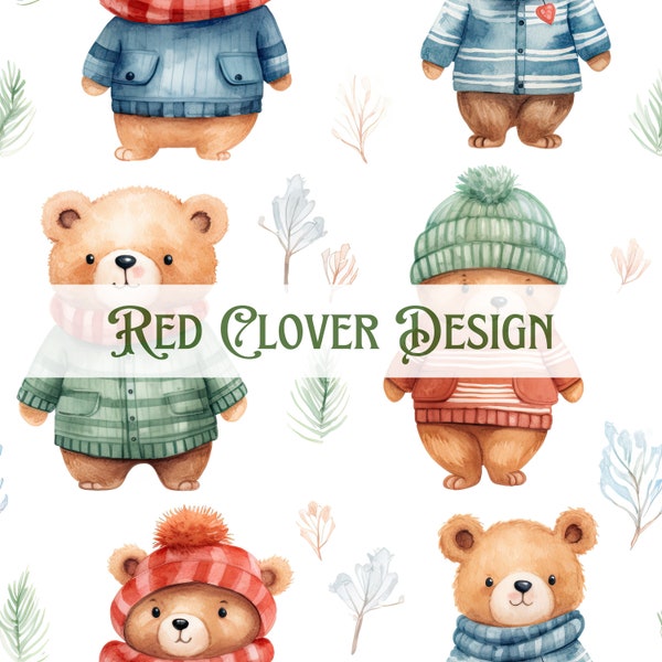 Winter Bears scarves Seamless Pattern, winter seamless pattern, teddy bear seamless, pattern for fabric, digital pattern, watercolor, cute