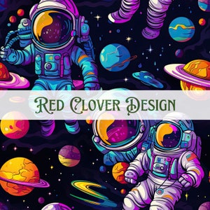 Puede incluir: Un patrón vibrante y repetitivo con astronautas, planetas y estrellas sobre un fondo azul oscuro. Los astronautas visten trajes espaciales coloridos, y los planetas tienen anillos y varios colores. El texto "Red Clover Design" está superpuesto.