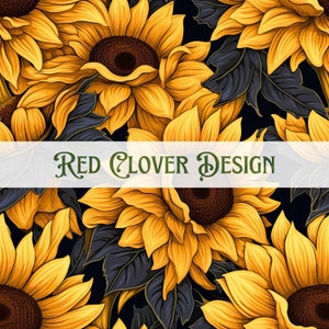 May include: A repeating pattern of sunflowers with yellow petals and dark brown centers, set against a dark background with dark gray leaves. The text "Red Clover Design" is displayed across the image in a white banner.