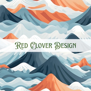 May include: Abstract illustration of a mountain range with blue, white, and orange peaks. The text "Red Clover Design" is centered at the bottom of the image.