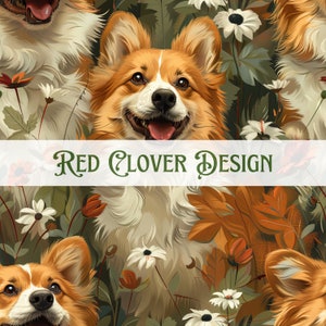 Puede incluir: Un patrón sin costuras que presenta un primer plano de tres adorables perros corgi con pelaje blanco y esponjoso y orejas de color marrón rojizo. Los perros están rodeados de follaje verde, flores blancas y flores de trébol rojo. El texto "RED CLOVER DESIGN" se muestra en el medio de la imagen.