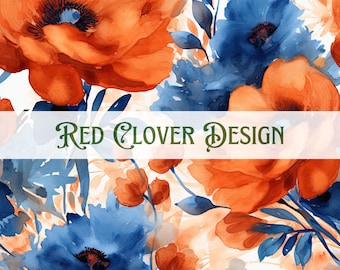 Blue and Rust Floral Seamless Pattern, floral seamless pattern, orange seamless, pattern for fabric, digital pattern, sublimation, autumn