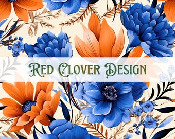 Blue and Rust Floral Seamless Pattern, floral seamless pattern, orange seamless, pattern for fabric, digital pattern, sublimation, autumn