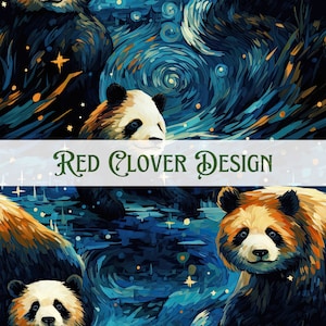 May include: A digital painting of three pandas in a swirling blue and white background reminiscent of Van Gogh's Starry Night. The pandas are in various poses, with one looking directly at the viewer. The background is filled with swirling lines and stars.