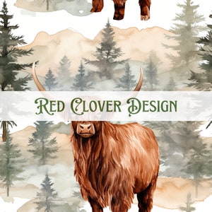 May include: Watercolor illustration of a brown Highland cow standing in a misty forest with mountains in the background. The text "Red Clover Design" is printed across the bottom of the image.