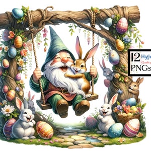 A Whimsical Swinging Bunny Gnome for Easter Eggs|12 High Quality PNGs, Junk Journals, Memory Book, Scrapbooks, Transparent background