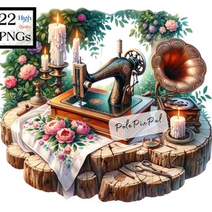 May include: A vintage sewing machine and a gramophone are displayed on a wooden stump with candles and a floral tablecloth. The scene is set in a garden with greenery and flowers.