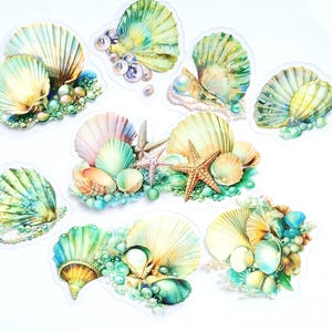 10 pegatinas de conchas y perlas. Pegatinas transparentes estilo sirena oceánica con perlas y conchas. Set de pegatinas para scrapbooking y diario bajo el mar.