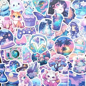 20 Fantasy stickers. landscapes, animals, food, devices in pink and purple sticker pack. decorate laptop, kindle, bujo journal, planners