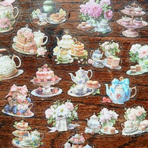 19 stickers pour le thé de l'après-midi. Théières, tasses à thé florales, pack d'autocollants pour gâteaux pour agendas, journaux bujo, albums de coupures et travaux manuels.
